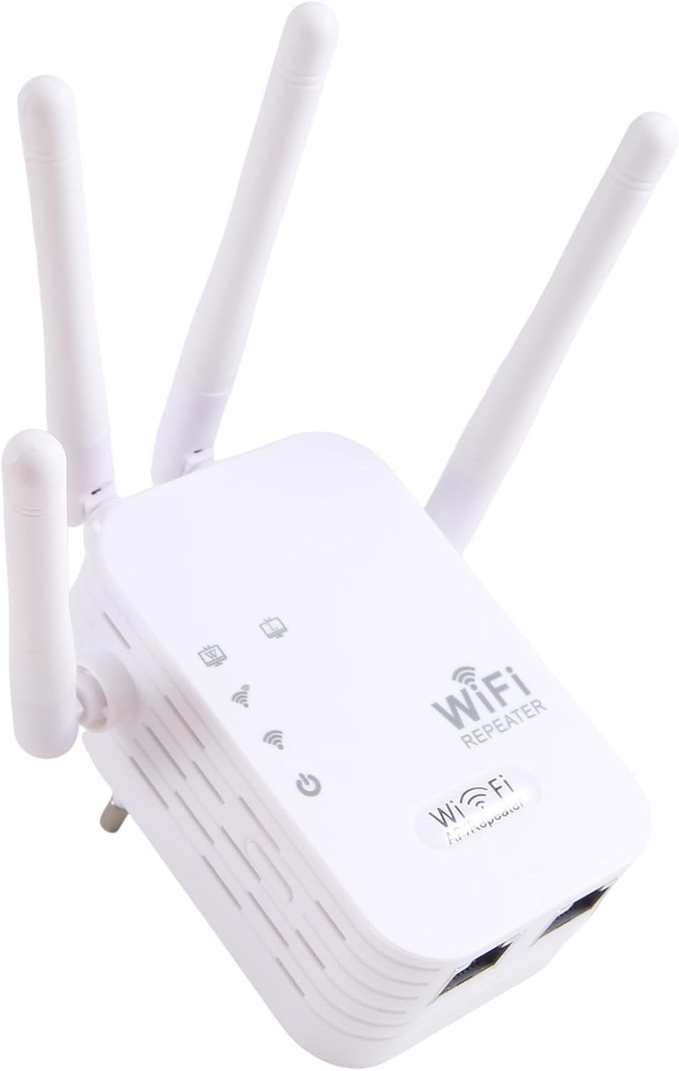 Fehér WiFi-erősítő felülről, ferde szögből, az alján két hálózati csatlakozóporttal és kiterjesztett antennákkal.