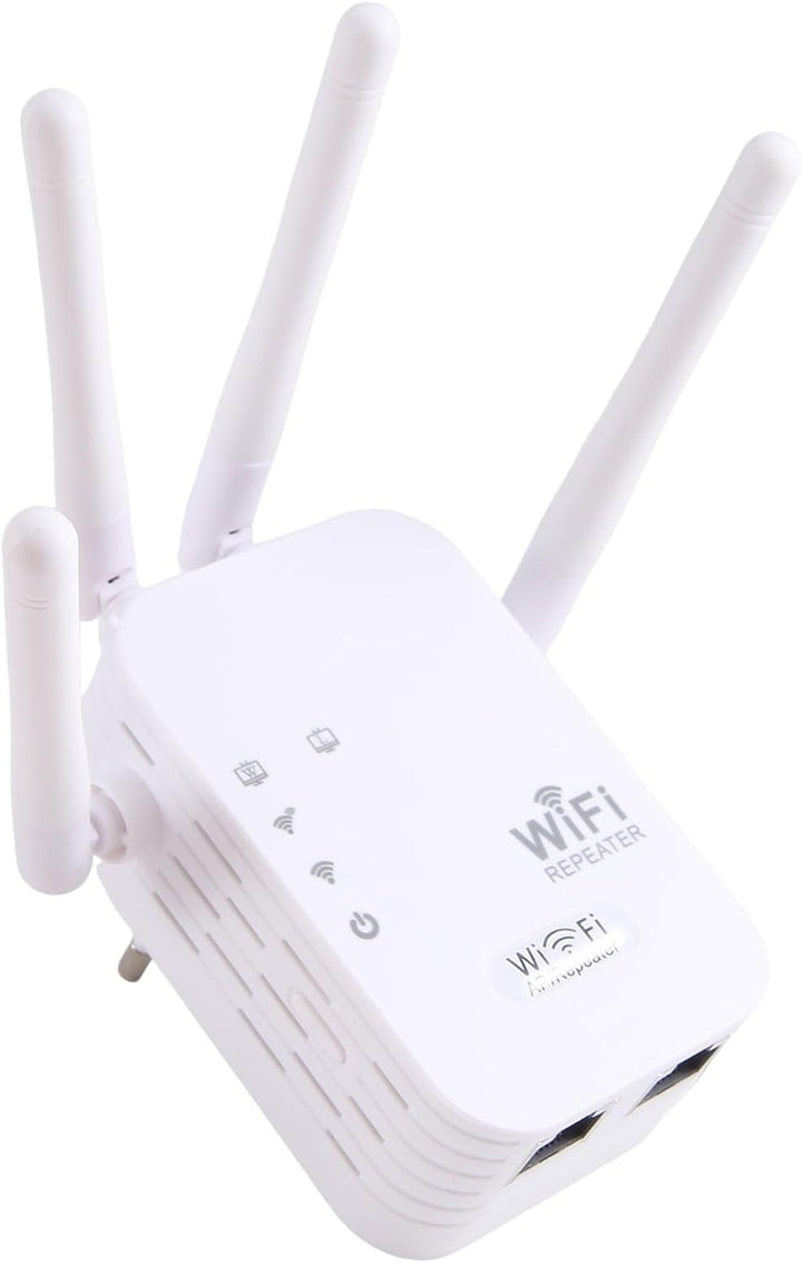 Fehér WiFi-erősítő felülről, ferde szögből, az alján két hálózati csatlakozóporttal és kiterjesztett antennákkal.