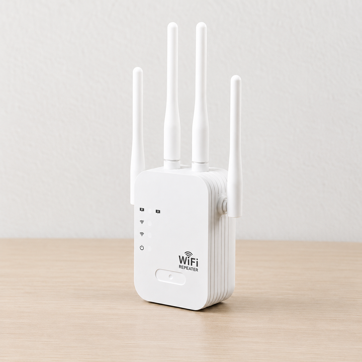 Fehér, négy antennás WiFi-erősítő asztalon, elölnézetből, látszanak az állapotjelző LED-ek és a gomb a világos fal előtt.