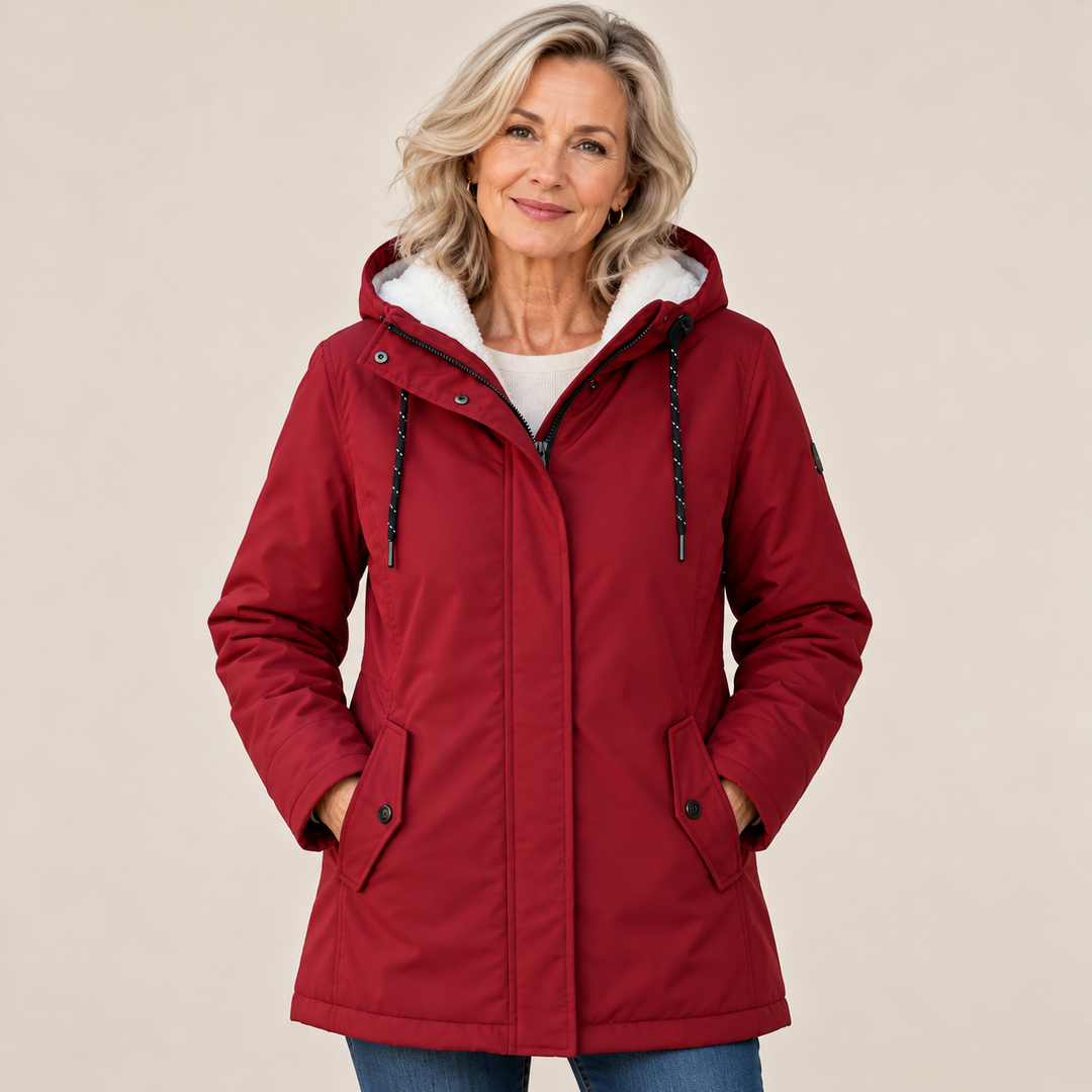 Mosolygó, szőke hajú nő bordó parkában, fehér plüss kapucnibéléssel, zsebre dugott kézzel áll 1