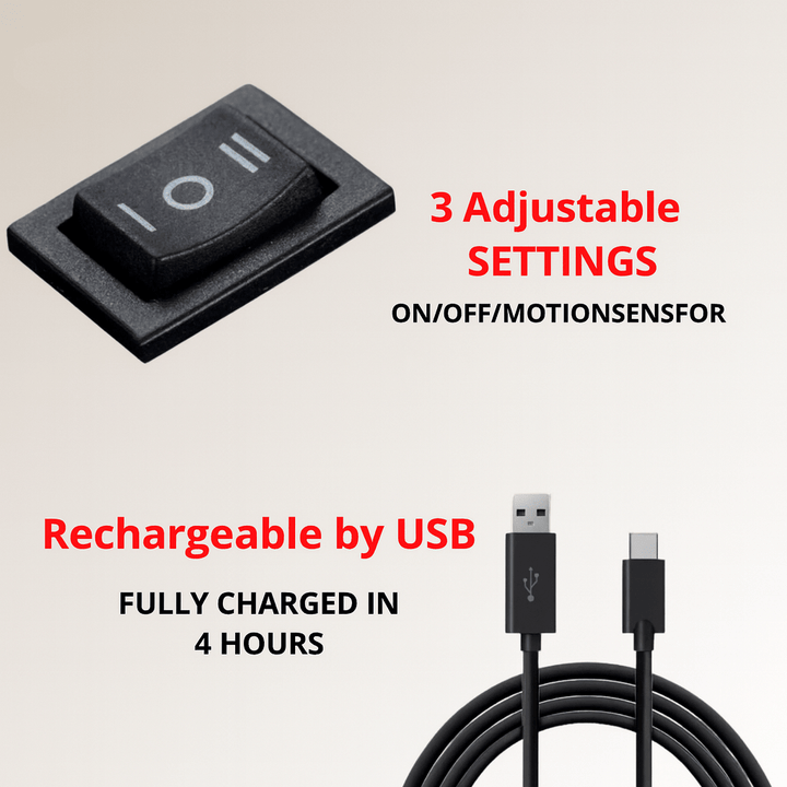 Fekete háromállású kapcsoló közelről, alatta USB-s töltőkábel, a kép a három beállítást és a töltést mutatja. 6