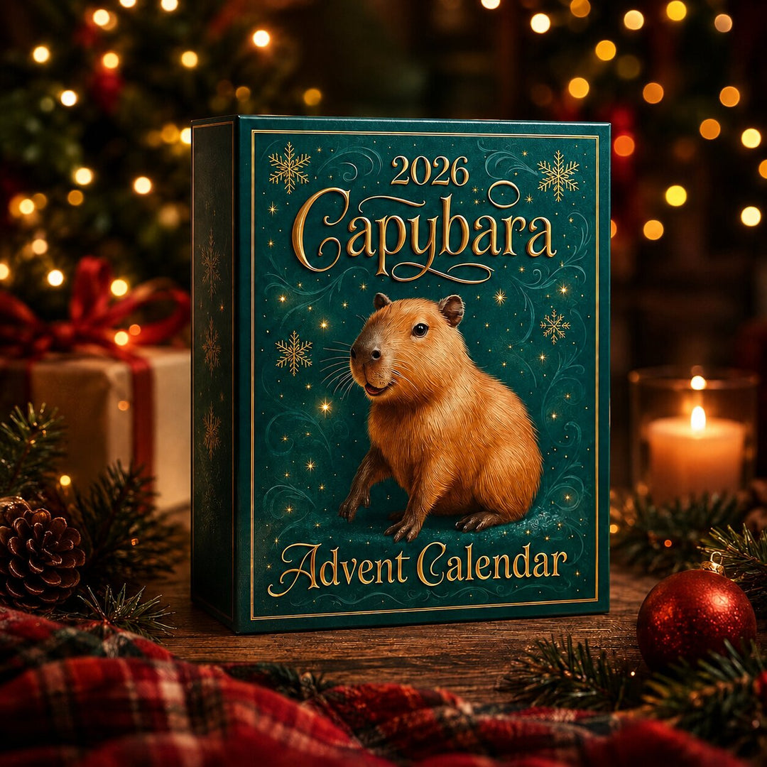 Kapibara adventi naptár doboz karácsonyi dekorációk között, kockás takarón.