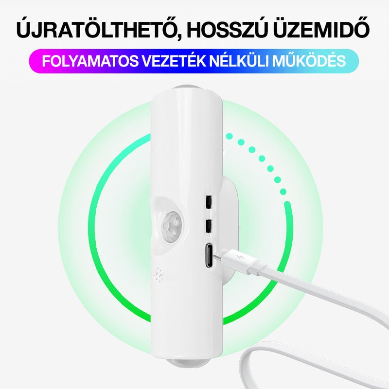 Fehér lámpa töltőkábellel csatlakoztatva, körülötte zöld gyűrű jelzi az újratölthetőséget 12