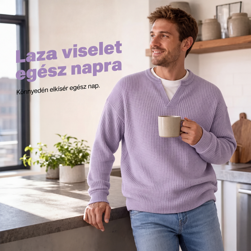 Mosolygó férfi a konyhapultnál bögrét tart, lila gofrimintás felsőt és farmert visel, fehér alsó réteggel a nyaknál. 5