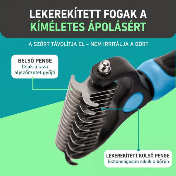 Közeli kép a gereblye lekerekített fogairól, belső és külső pengével, amelyek a bőr irritálása nélkül gyűjtik az alsószőrt. 3