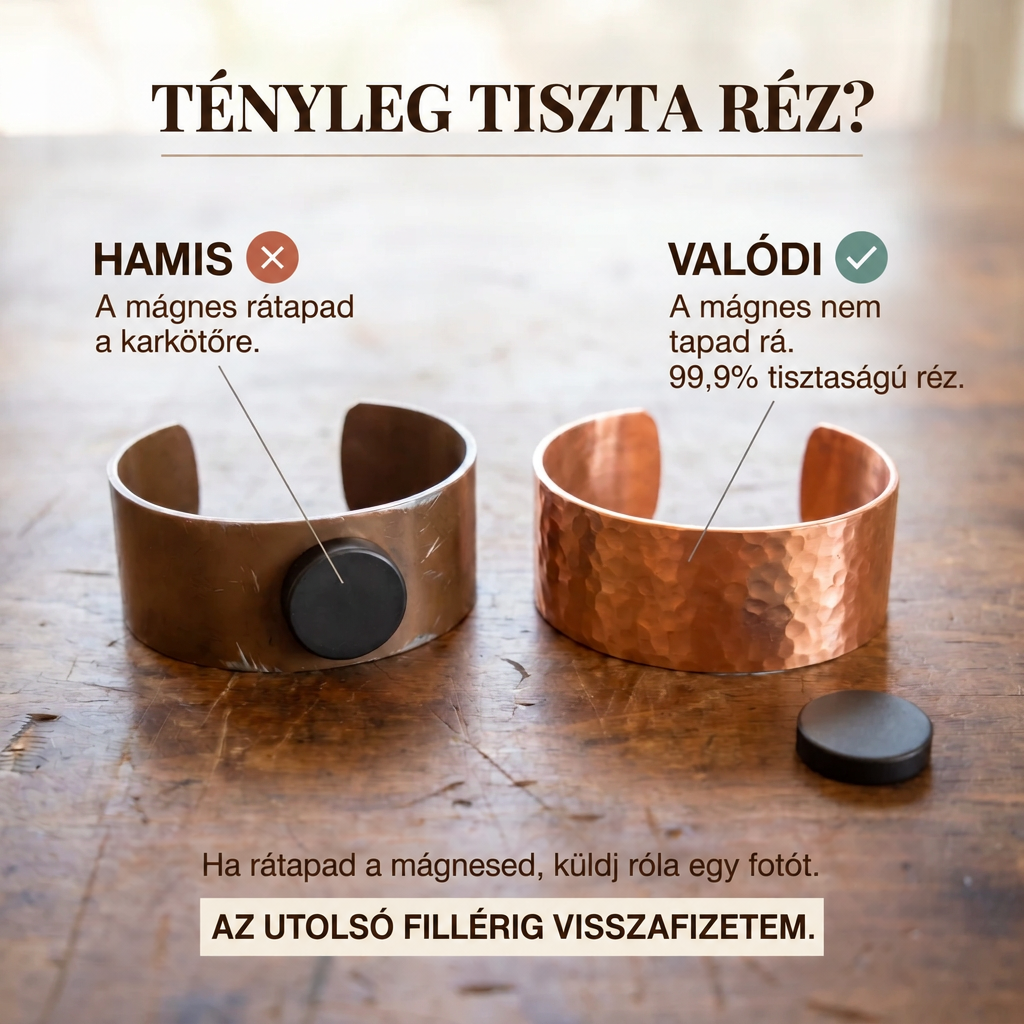 Összehasonlító kép két rézkarkötőről: az egyikhez tapad a mágnes, a másikhoz nem, ezzel mutatva a tiszta réz ellenőrzését. 4