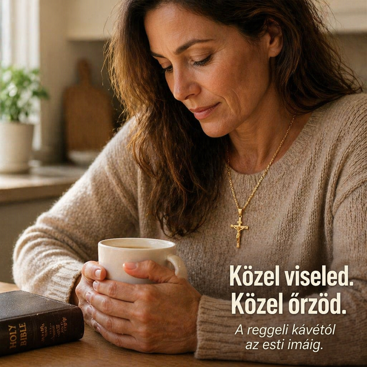 Középkorú nő pulóverben, kávéscsészét fog az asztalnál, nyakában arany feszület lánccal, mellette Biblia 4