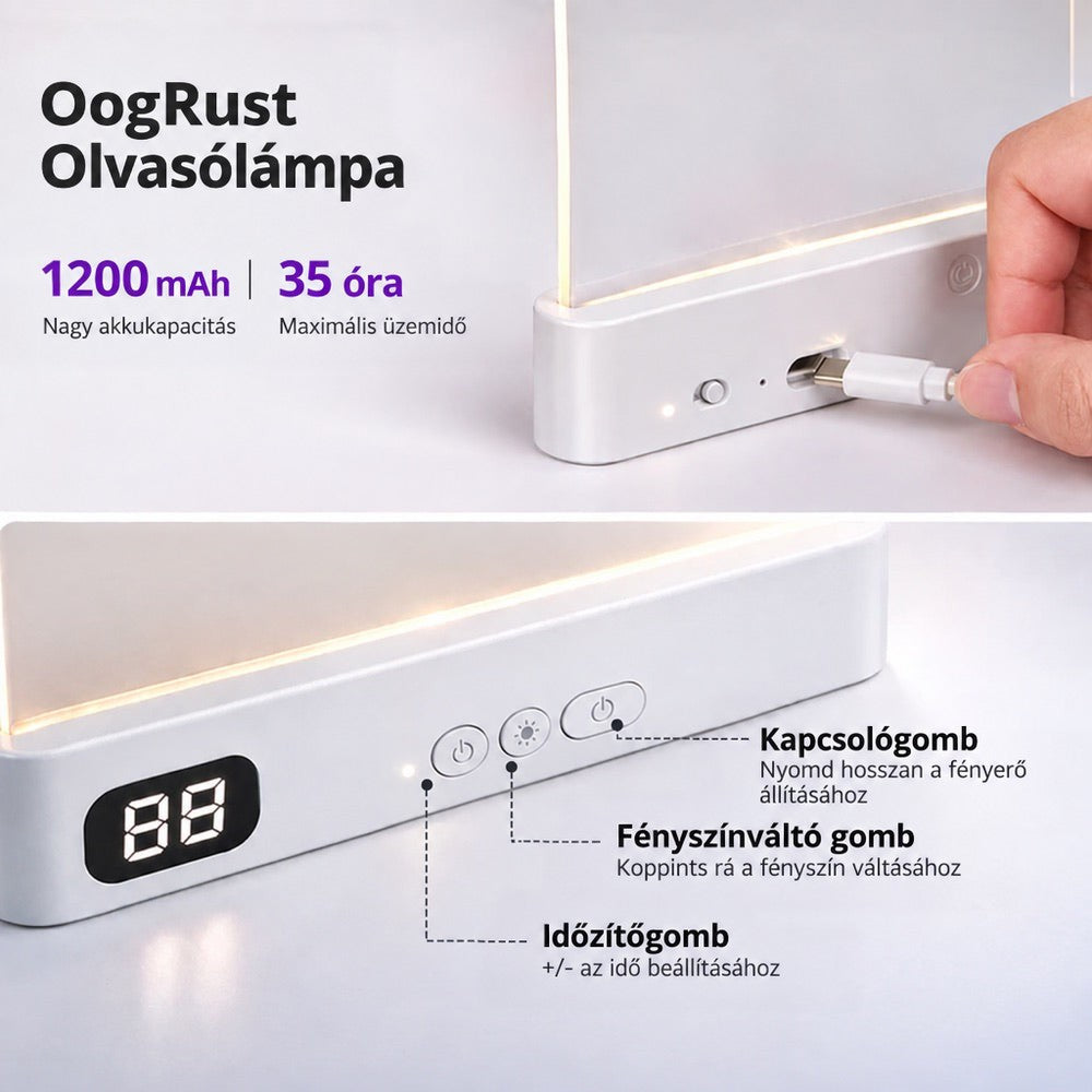Közeli képek a lámpa USB-C töltőcsatlakozójáról, gombjairól és az időzítő kijelzőjéről 8