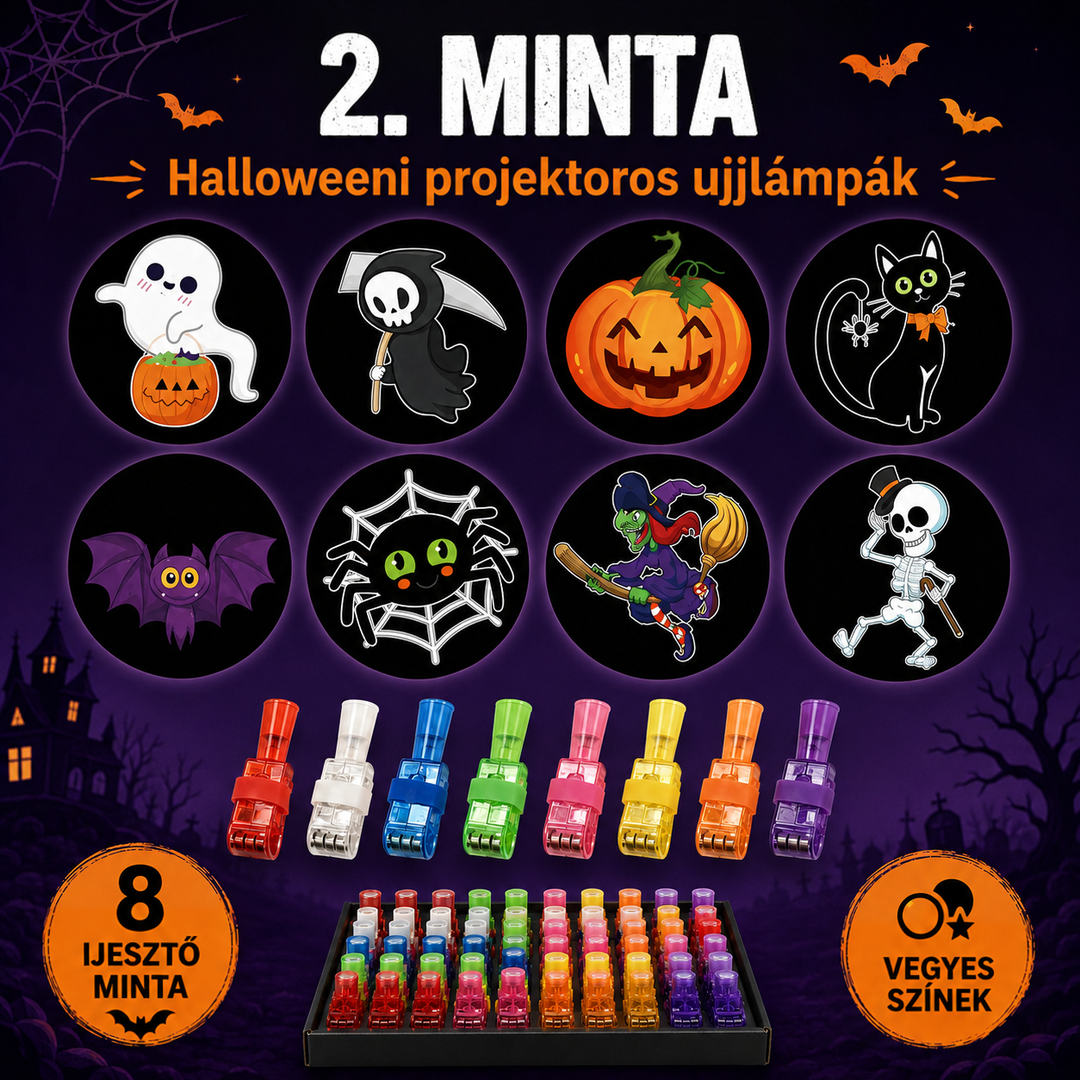 Nyolc halloweeni vetített minta (szellem, kaszás, tök, macska, denevér, pók, boszorkány, csontváz) és színes ujjlámpák egy 3