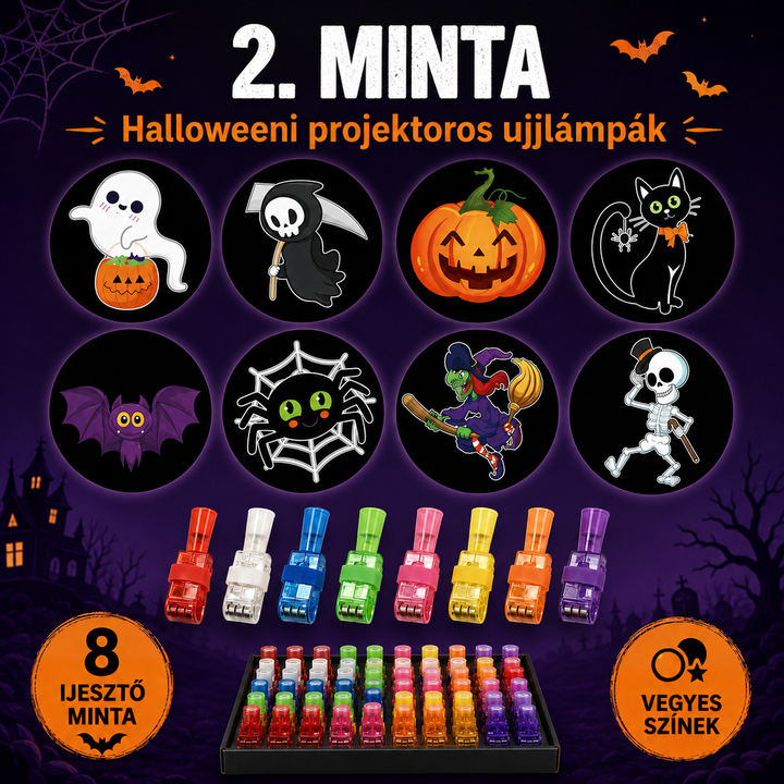 Nyolc halloweeni vetített minta (szellem, kaszás, tök, macska, denevér, pók, boszorkány, csontváz) és színes ujjlámpák egy 3