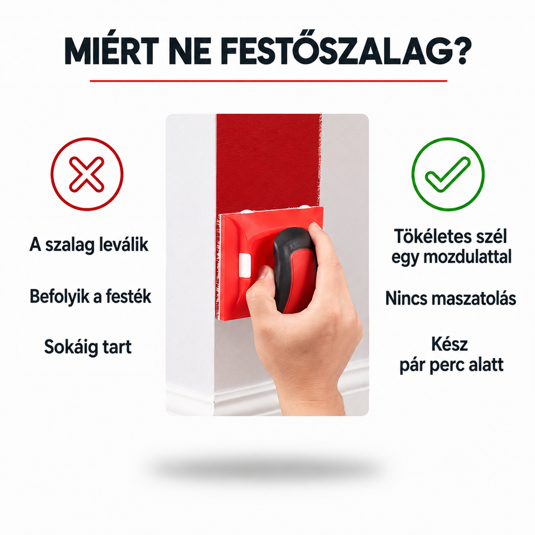 Összehasonlító kép: kéz húzza végig az eszközt a falon, egyenes szélű piros sávot festve 4