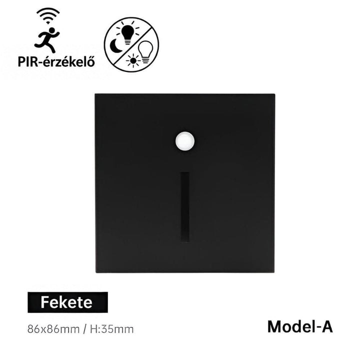 Fekete, négyzet alakú A modell elölnézetből, mozgásérzékelő ponttal és függőleges fényrésszel 1