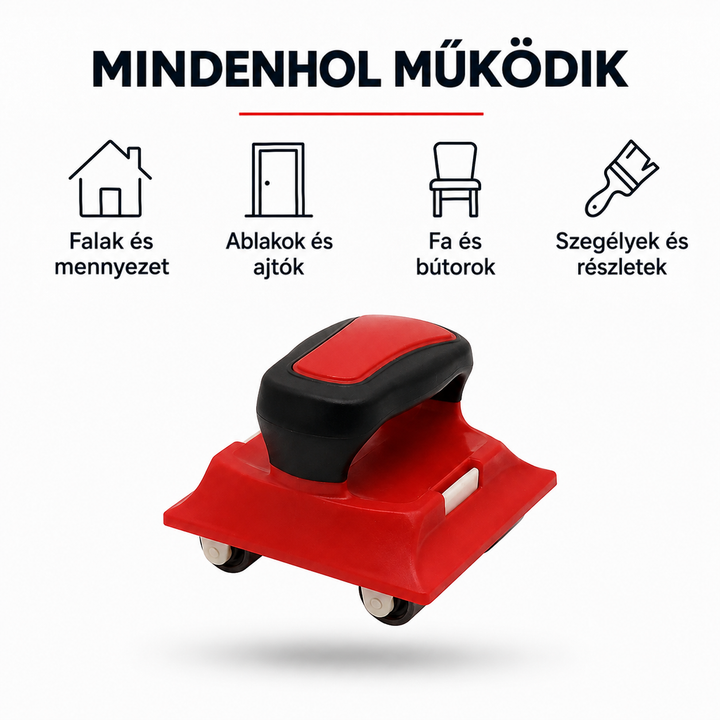 A piros-fekete szegélyező eszköz alulról látszó kis kerekeivel, fogantyúval és fehér csúszkákkal 8
