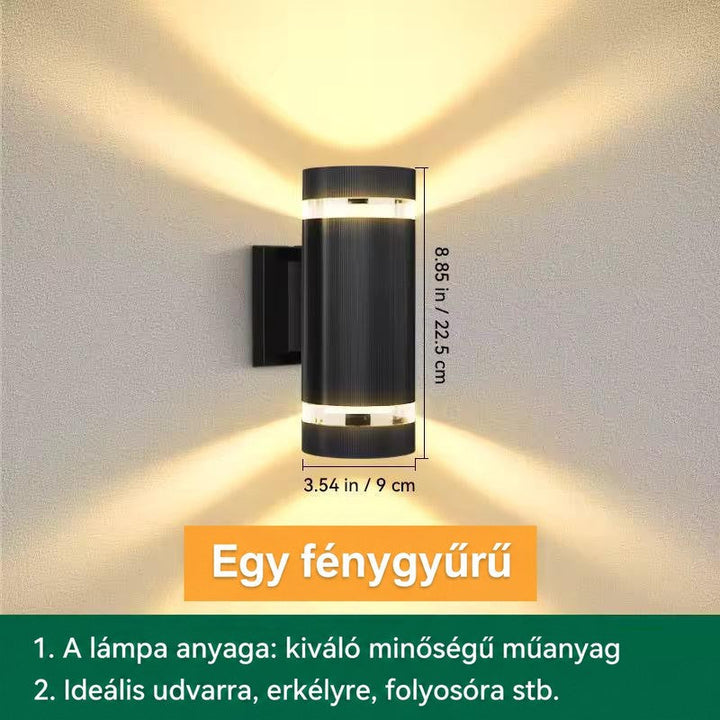 Egygyűrűs hengeres lámpa méretekkel jelölve, magassága és átmérője feltüntetve, felhasználási helyek felsorolásával 13