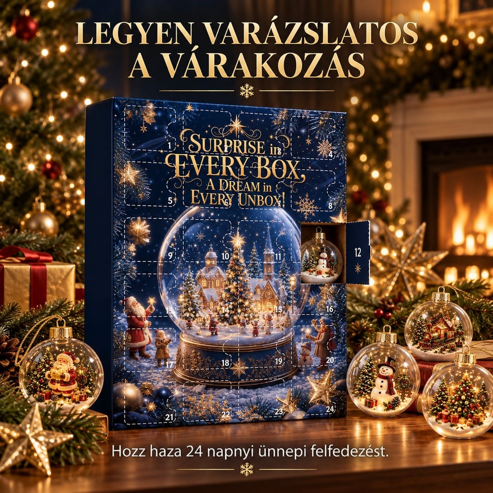 Az adventi naptár ünnepi asztalon, a 12-es ajtó nyitva, benne hóemberes gömb, körülötte több dísz 3