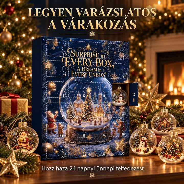 Az adventi naptár ünnepi asztalon, a 12-es ajtó nyitva, benne hóemberes gömb, körülötte több dísz 3