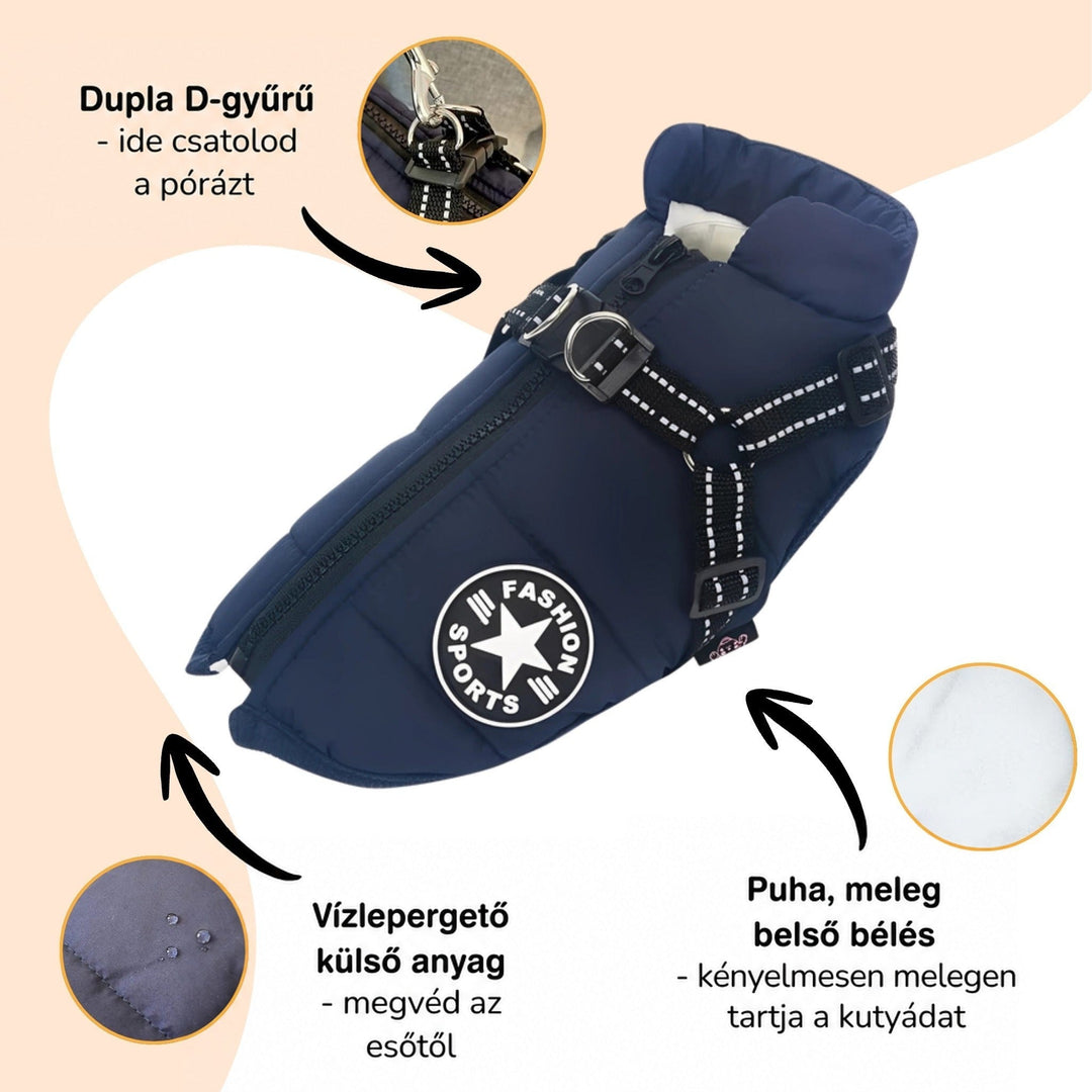 Sötétkék kabát hámmal, nyilas feliratokkal: dupla D-gyűrű a pórázhoz, vízlepergető külső anyag és puha meleg belső bélés. 7