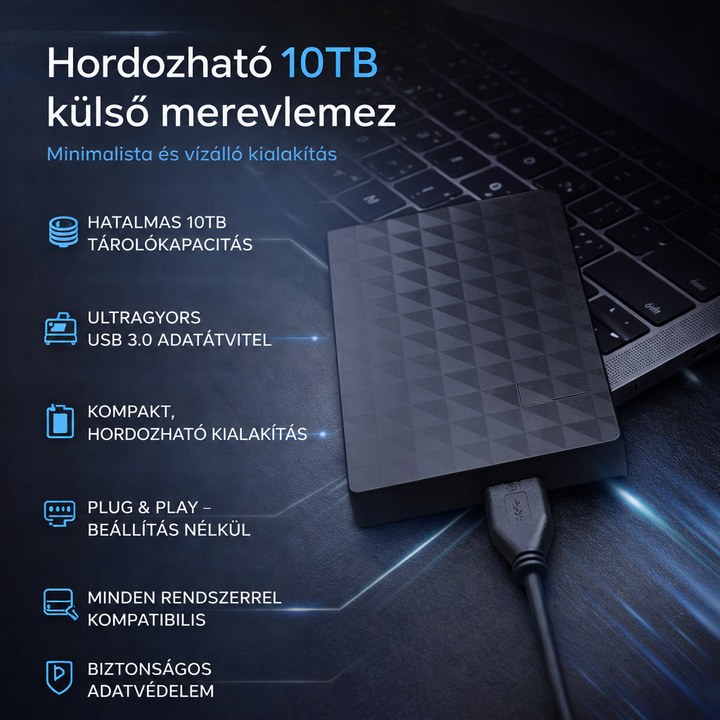 Tájékoztató grafika: a meghajtó laptop előtt, mellette a tárhely, a sebesség és a hordozhatóság előnyeit felsoroló ikonok 5