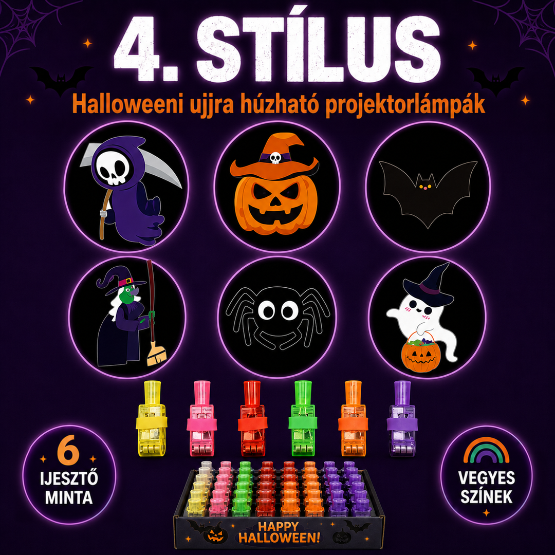 Hat halloweeni vetítendő minta körökben, alattuk hat színes ujjlámpa és a lámpákkal teli kijelzőtálca 5