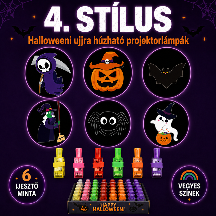 Hat halloweeni vetítendő minta körökben, alattuk hat színes ujjlámpa és a lámpákkal teli kijelzőtálca 5