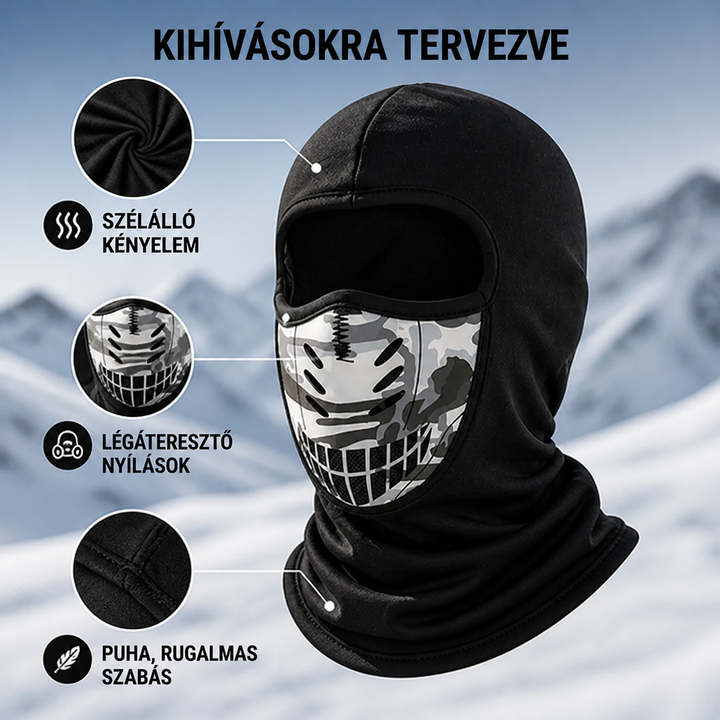 Fekete maszk előlnézetből, kinagyított részletekkel az anyag szövetéről, a szellőzőnyílásokról és a varrásról. 4
