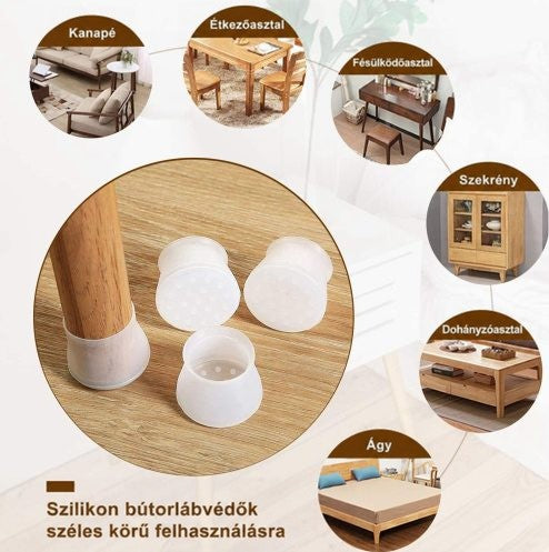 Összeállított kép egy fa lábon és mellette három szilikon sapkával, körülötte kis képek kanapéról, asztalról, szekrényről és ágyról mint alkalmazási területekrő 7