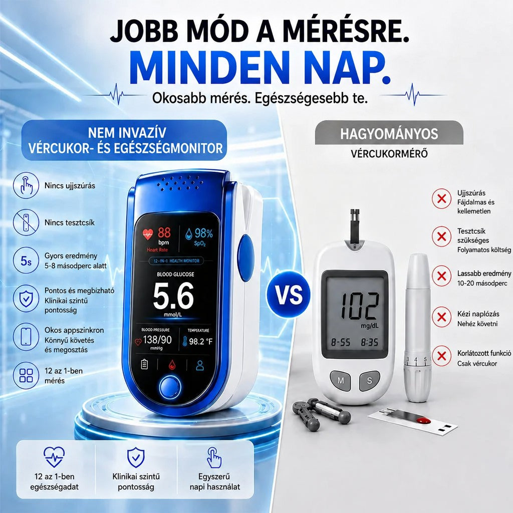 Összehasonlító kép: balra a kék-fehér ujjmérő, jobbra egy hagyományos vércukormérő tűvel és tesztcsíkokkal. 3