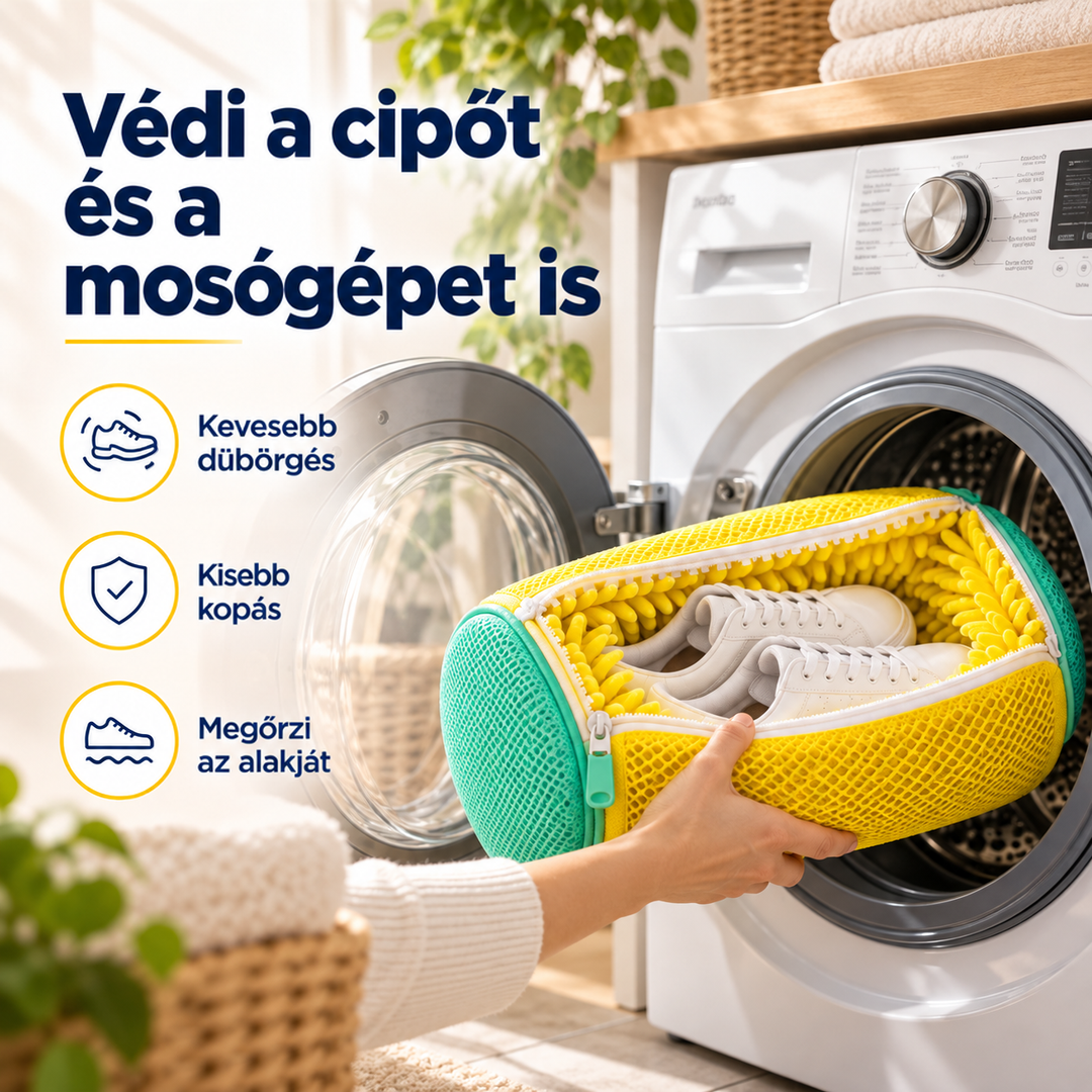 Kéz egy cipővel megtöltött sárga-zöld zsákot tesz a nyitott mosógép dobjába 3