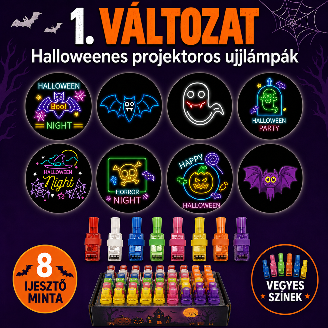 Nyolc halloweeni vetítési minta, alattuk nyolc színes ujjlámpa és egy dobozban sorakozó sok lámpa 2