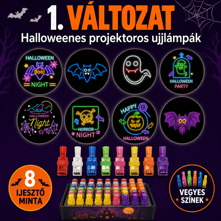 Nyolc halloweeni vetítési minta, alattuk nyolc színes ujjlámpa és egy dobozban sorakozó sok lámpa 2
