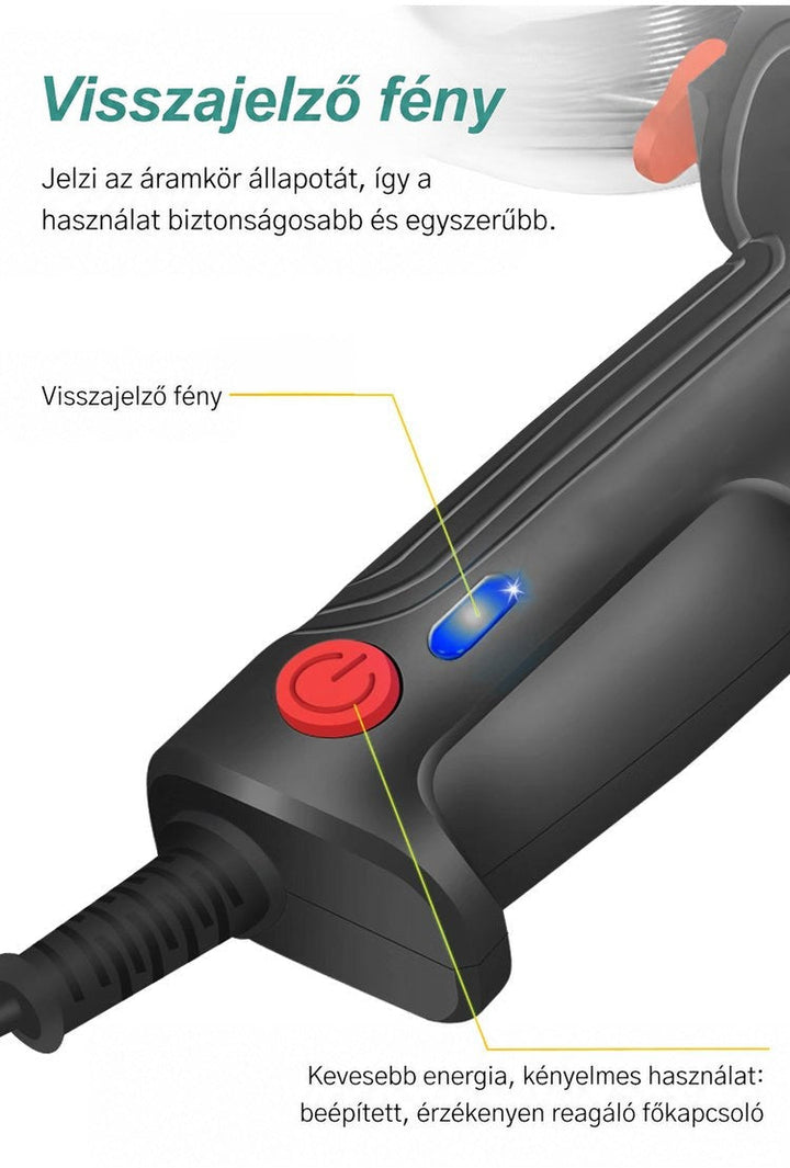Közelkép a fogantyú hátsó részéről a kék jelzőfénnyel és a piros bekapcsoló gombbal 5