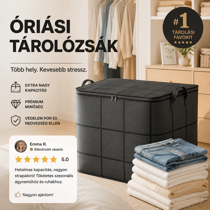 Sötét, négyzetmintás tárolózsák fogantyúkkal a szekrény mellett, előtte összehajtogatott farmer, fehér és krémszínű ruhák kupaca. 5