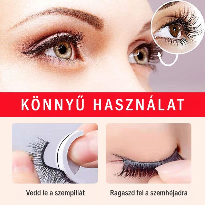 Egyszerű használat: a műszempilla levétele a tartóról és felhelyezése a szemhéjra, nagyított szemmel a felső képen. 7