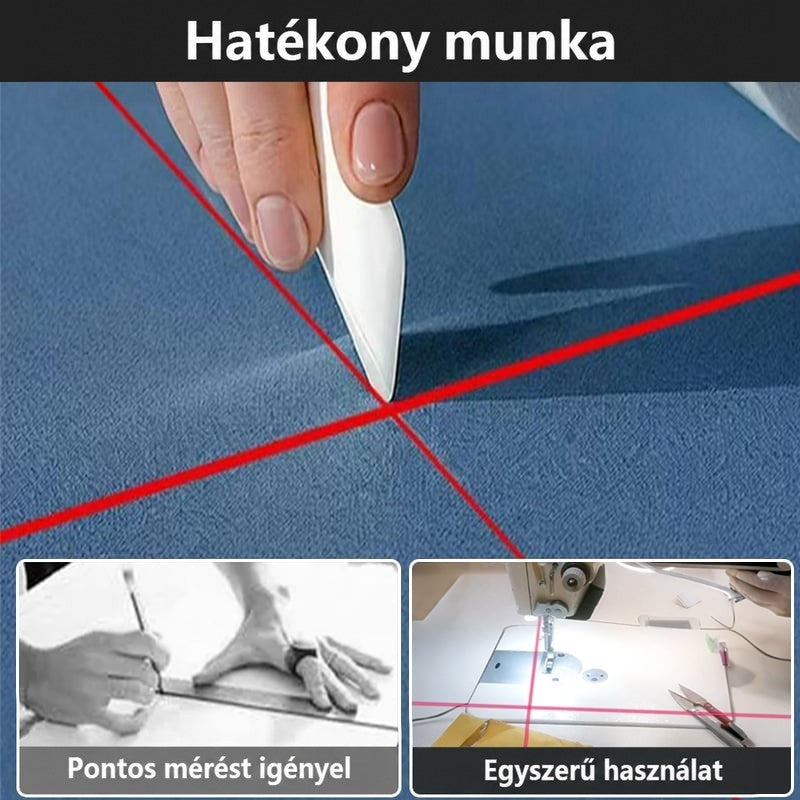 Kék szöveten piros lézerkereszt, a jelölőcsont hegye a metszéspontnál, alatta a mérőléces kézi mérés és a lézeres használat 6