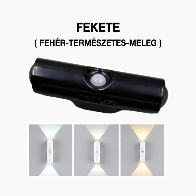 Fekete hengeres lámpa mozgásérzékelővel, alatta a fehér, természetes és meleg fény három változata 3
