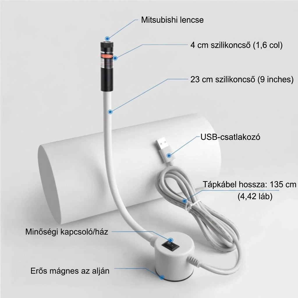 A fehér lézeres vezető egészében, feliratozott részekkel: lencse, szilikon cső, USB-csatlakozó, kábel, kapcsoló és mágneses 4