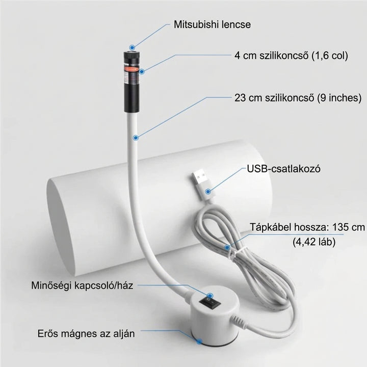 A fehér lézeres vezető egészében, feliratozott részekkel: lencse, szilikon cső, USB-csatlakozó, kábel, kapcsoló és mágneses 4