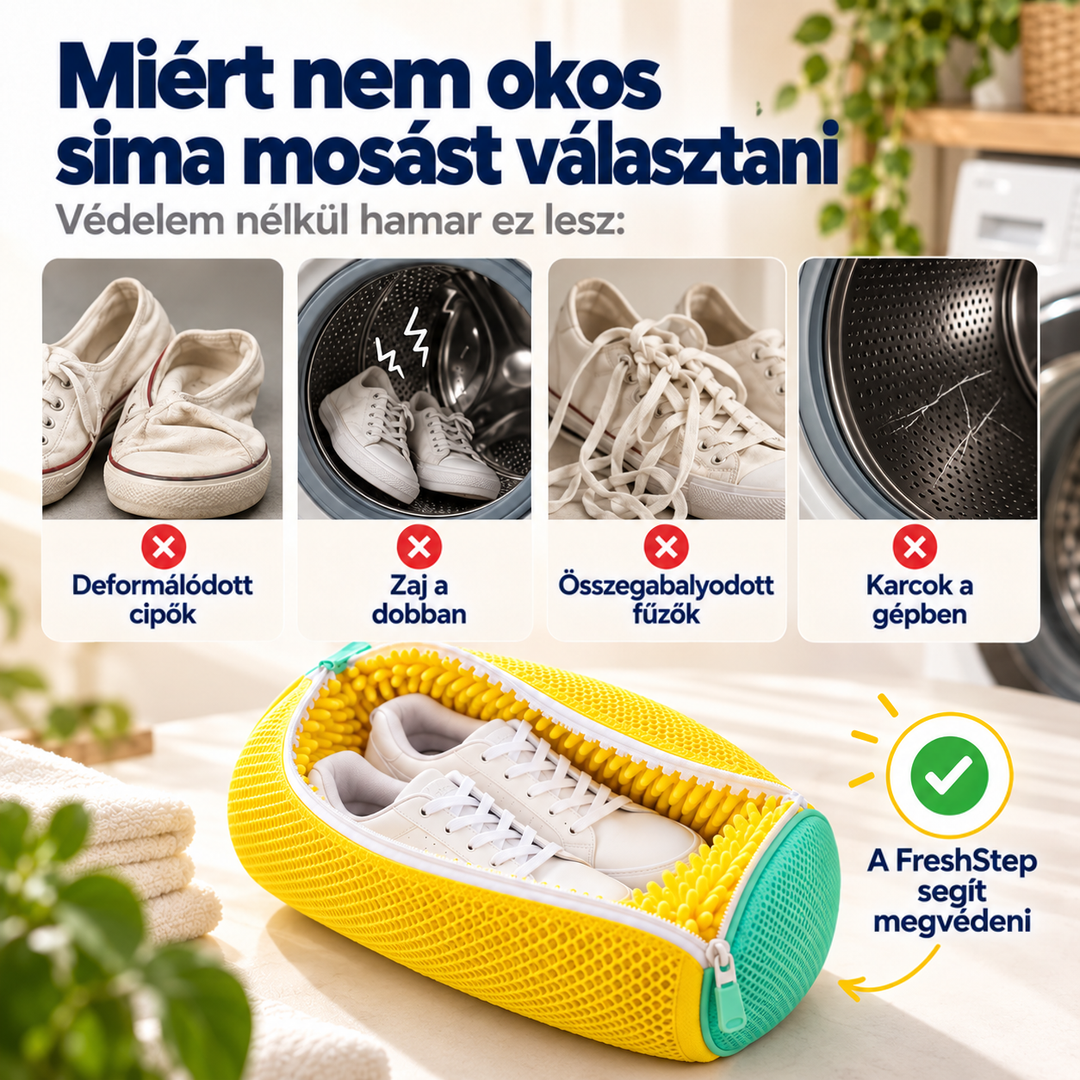 Négy kis képen a védelem nélküli mosás gondjai, alatta a cipővel töltött sárga zsák 2
