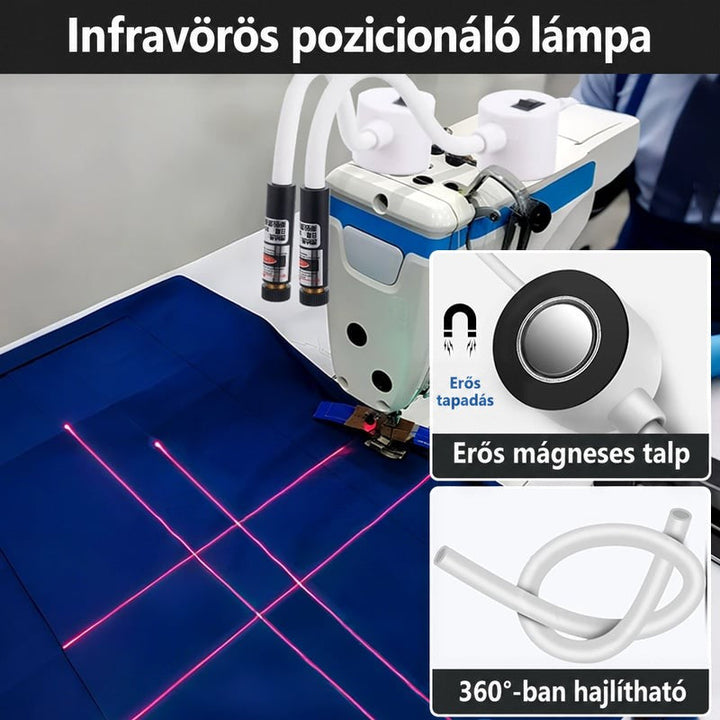 Két lézeres vezető egy ipari varrógépen, piros keresztvonalak a sötétkék szöveten, kiemelve a mágneses talpat és a hajlítható 2