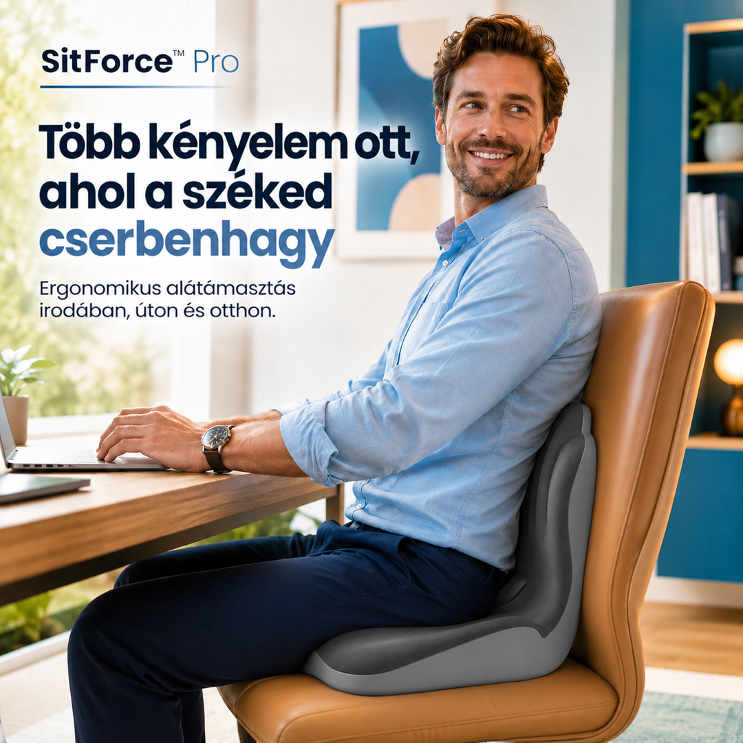 Mosolygó férfi laptop előtt dolgozik bőr irodai széken, a háta mögött az ülőpárna 6