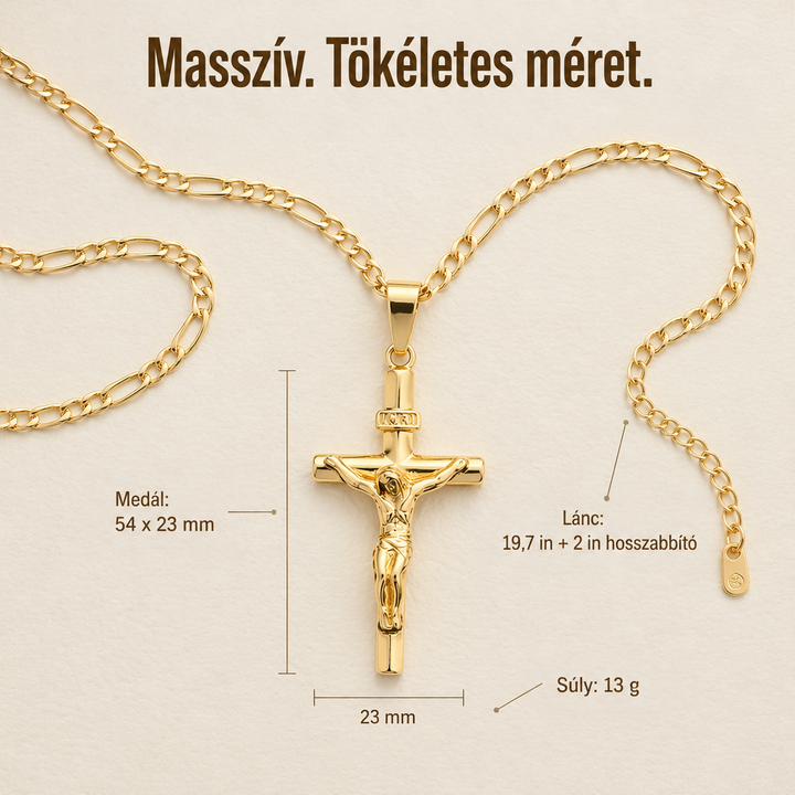 Arany feszület és Figaro lánc világos háttéren kiterítve, méretjelölésekkel a medálon és a láncon 6