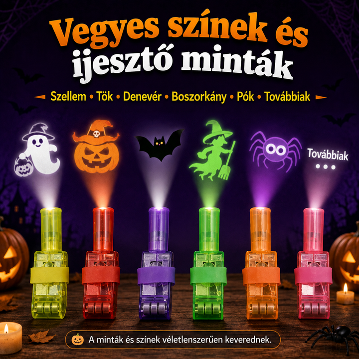 Hat különböző színű ujjlámpa sorban, mindegyik más halloweeni mintát vetít: szellem, tök, denevér, boszorkány, pók 7
