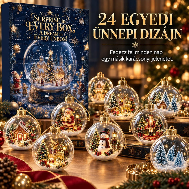 Sötétkék adventi naptár doboz előtt kilenc átlátszó karácsonyi gömbdísz, bennük Mikulás, hóember, rénszarvas és diótörő 1