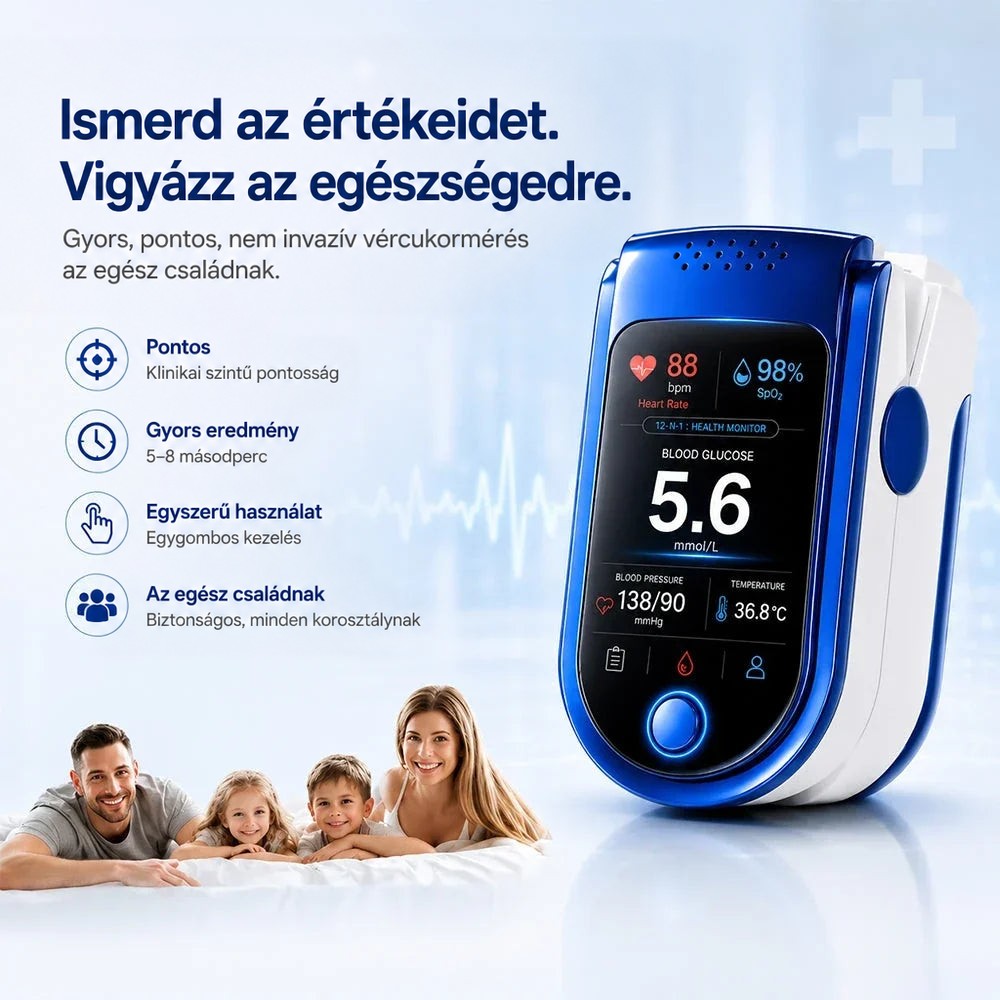 A kék-fehér egészségmérő előlnézetben, bal alsó sarokban mosolygó család fekszik egy ágyon, mellette ikonos előnylista. 5