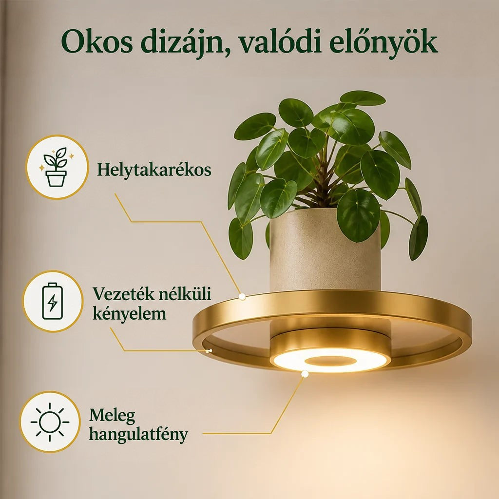 Közeli kép egy kerek arany polcról, amelyen cserepes növény áll, alatta a beépített, meleg fényű LED korong látszik. 3