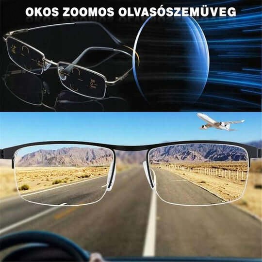 Szemüveg kerete előtt országút és hegyek éles látképe, felül fém keretes szemüveg és lencse 4