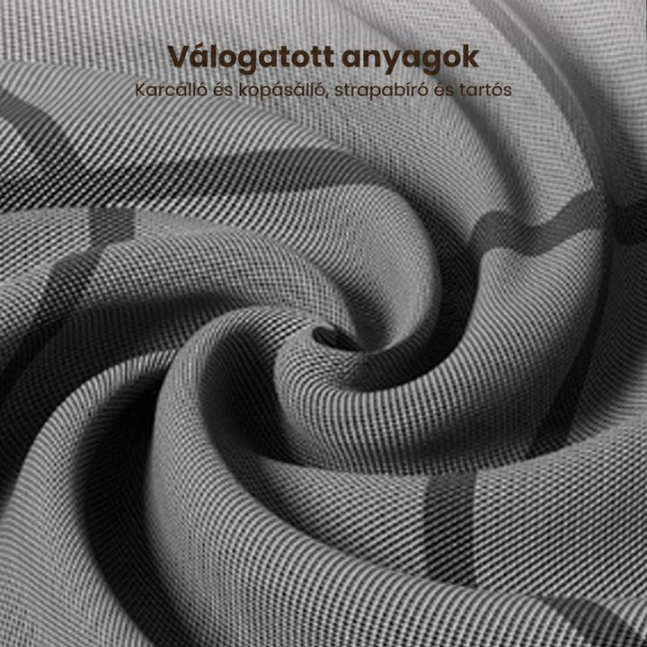 Közeli kép a szürke, finom szövésű szövetanyagról, csavart redőkben, a sötét négyzetmintás szegélycsíkokkal. 10