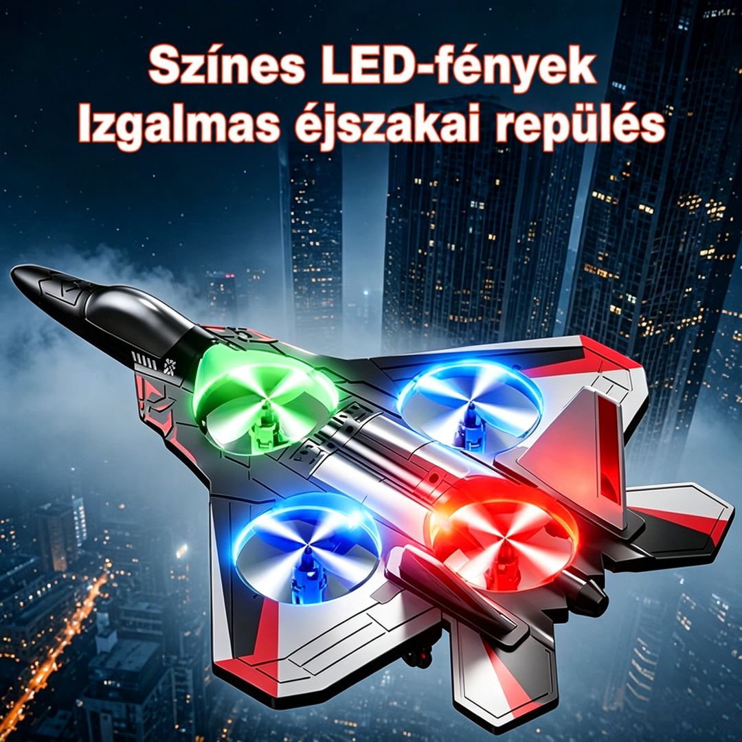 Vörös-szürke vadászgép alakú játék színes LED-fényekkel világít az éjszakai felhőkarcolók felett, négy fénygyűrűs légcsavarral. 1