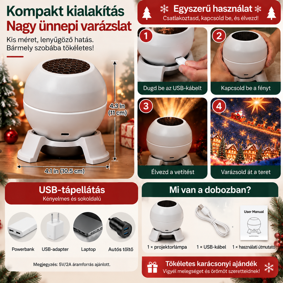 Információs kép a vetítő méreteiről, négy használati lépésről, USB-s tápforrásokról és a doboz tartalmáról 7