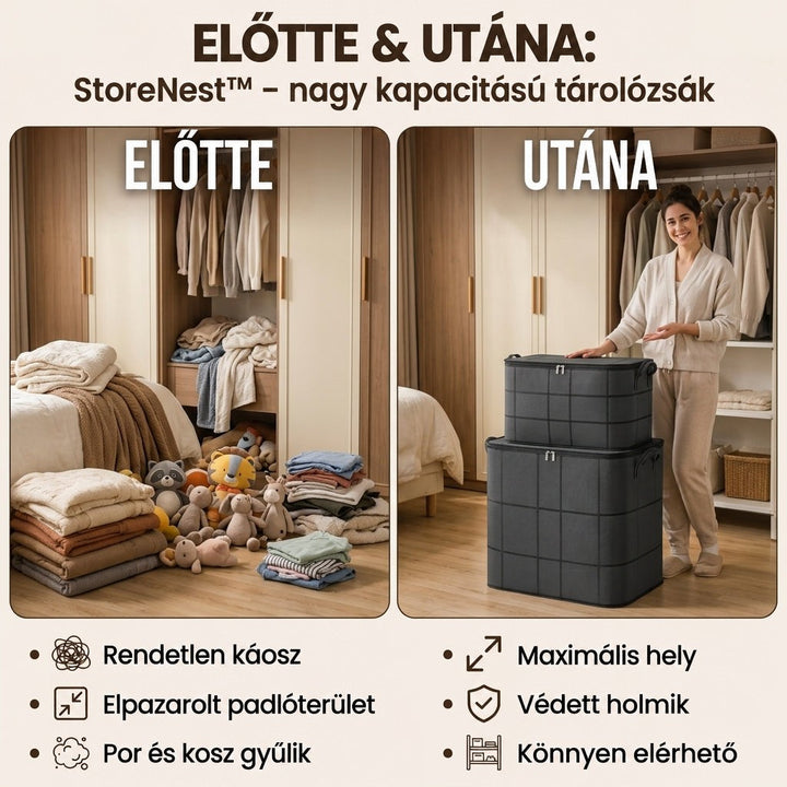 Előtte-utána összehasonlítás: rendetlen szekrény és játékhalom, majd a rendezett szoba két egymásra rakott sötét tárolózsákkal és egy mosolygó nővel. 3